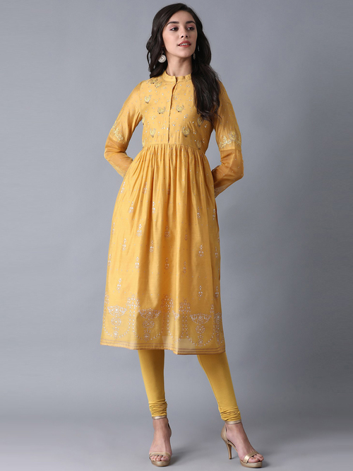 W Mustard Embroidered A Line Kurta Price in India