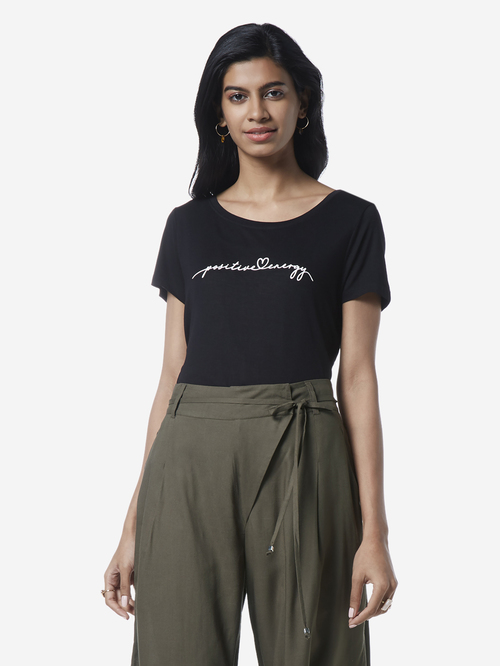 LOV by Westside Black Text Printed High-Low T-Shirt Price in India