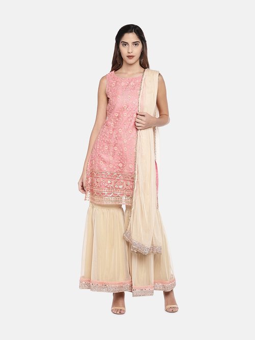 Ethnicity Pink & Beige Embroidered Suit Set Price in India