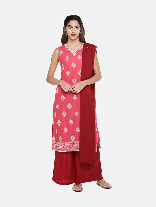 Ethnicity Fuchsia & Red Embroidered Suit Set Price in India