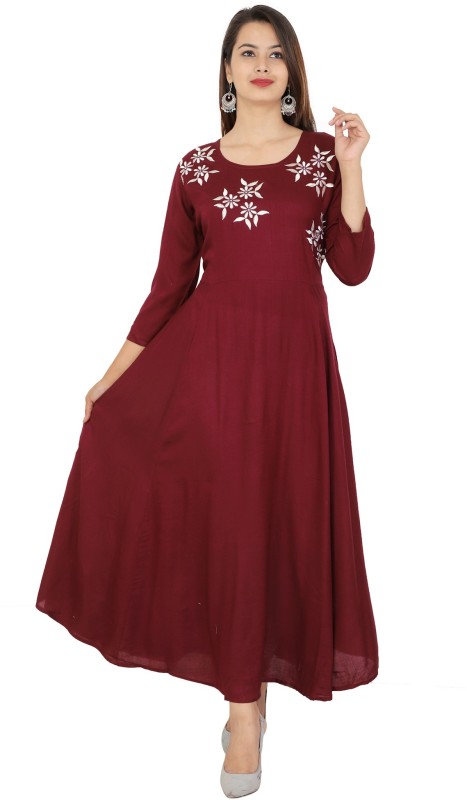 Women Embroidered Cotton Rayon Blend Flared Kurti Price in India