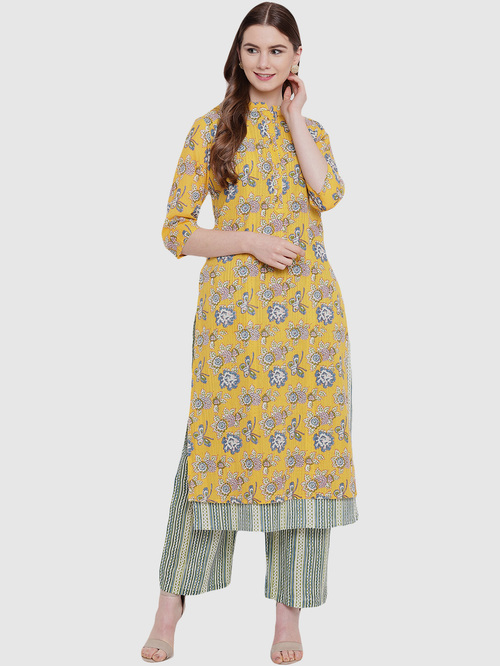 Divena Yellow & Green Cotton Floral Print Kurta Palazzo Set Price in India