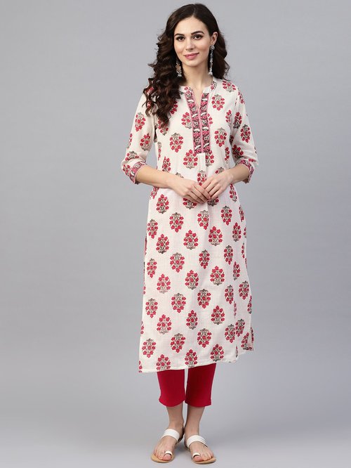 Jaipur Kurti Off-White Cotton Floral Print Straight Kurti Price in India