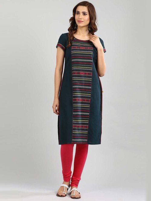 Aurelia Navy Cotton Woven Pattern Straight Kurta Price in India