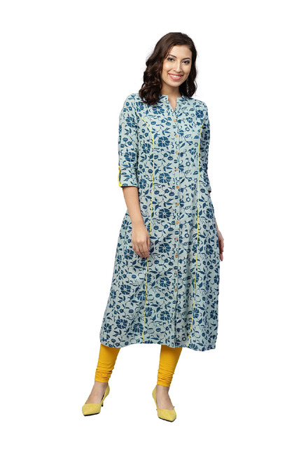 Jaipur Kurti Blue Floral Print A-Line Cotton Kurta Price in India