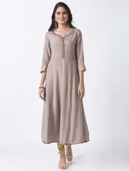 Ethnicity Mauve Embroidered A Line Kurti Price in India