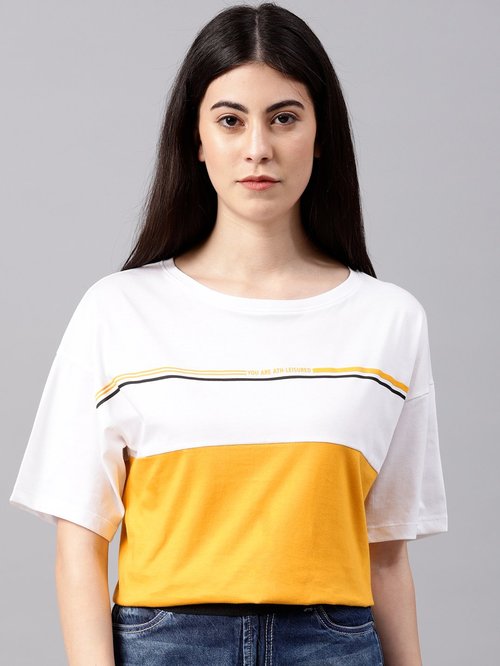 NUSH Mustard & White Printed T-Shirt Price in India