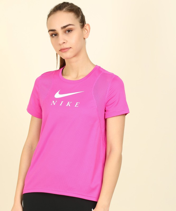 Printed, Self Design Women Round Neck Pink T-Shirt Price in India