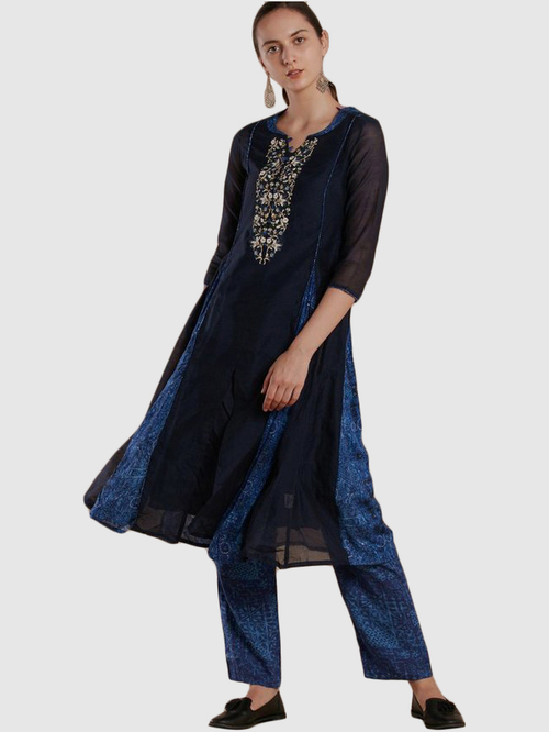 Imara Navy Embroidered Kurta Pant Set With Dupatta Price in India