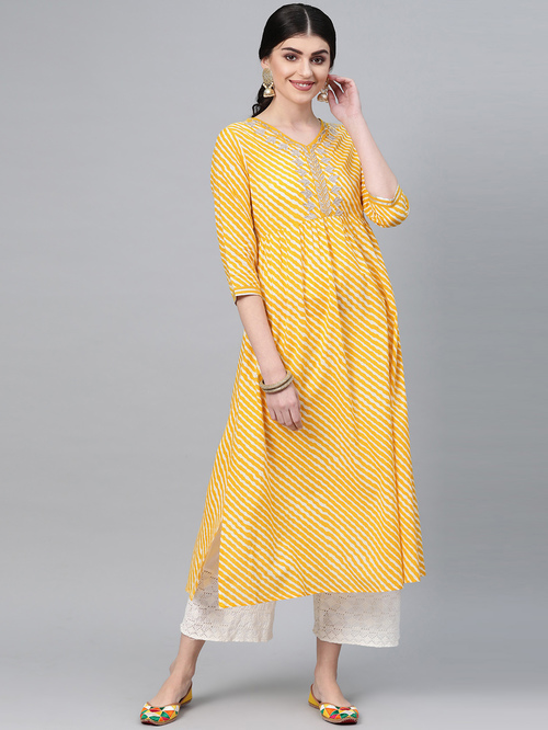 Varanga Yellow Cotton Printed Straight Kurta Price in India