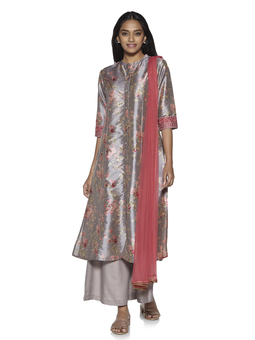 Vark by Westside Grey A-Line Kurta, Palazzos And Dupatta Set Price in India