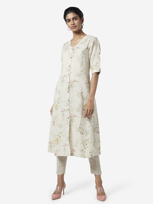 Zuba by Westside Beige Floral Printed A-line Kurta Price in India