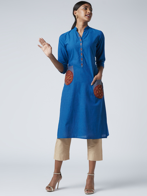 Okhai Whimsy Royal Blue Pure Cotton Embroidered Straight Kurta Price in India