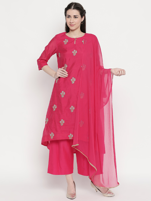 Rangmanch by Pantaloons Fuchsia Embroidered Kurta, Pants & Dupatta Set Price in India