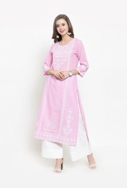 Varanga Baby Pink & White Printed Kurti Palazzo Set Price in India