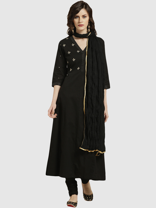 Jaipur Kurti Black Cotton Embroidered Kurta Churidar Set With Dupatta Price in India