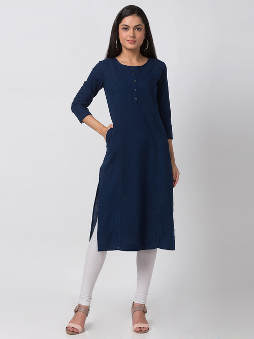 Ethnicity Navy Cotton Straight Kurta Price in India