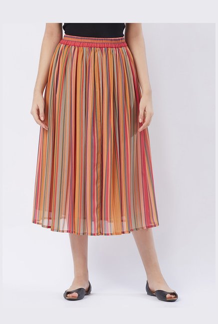 Fusion Beats Pink Striped Below Knee Skirt Price in India