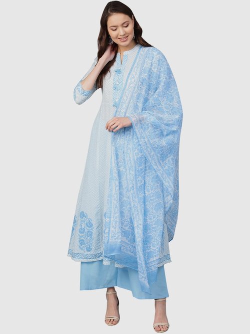 Ishin White & Sky Blue Cotton Printed Kurti Palazzo Set With Dupatta Price in India