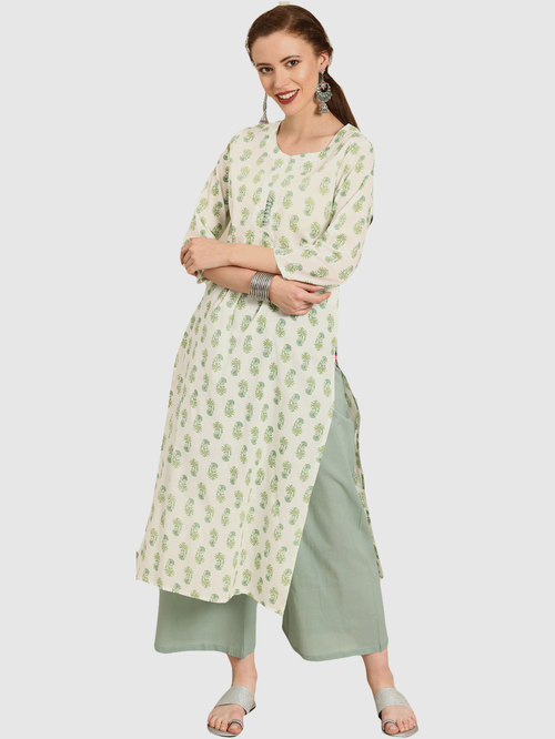 Varanga Off-White & Green Floral Print Kurta Palazzo Set Price in India