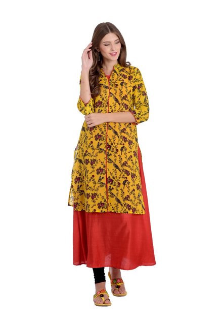 Rangmayee Yellow Floral Print A Line Kurti Price in India