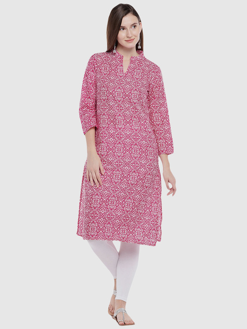 Ethnicity Pink Cotton Printed Straight Kurta Price in India