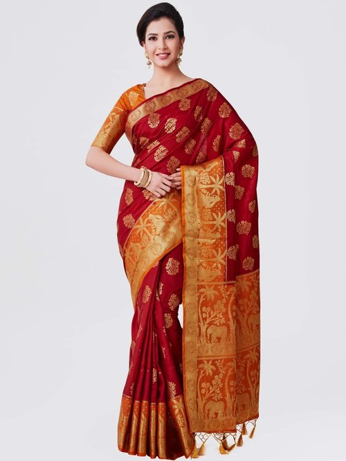 Mimosa Maroon Woven Kanchipuram Saree With Blouse Price in India