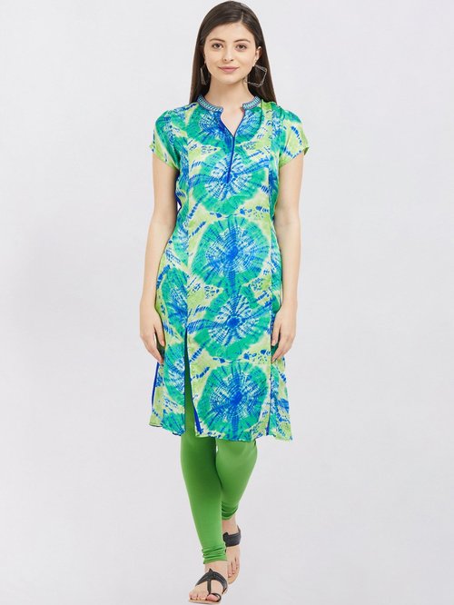 Fusion Beats Green Printed A Line Kurti Price in India