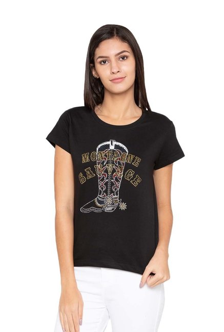 Globus Black Cotton Embellished T-Shirt Price in India