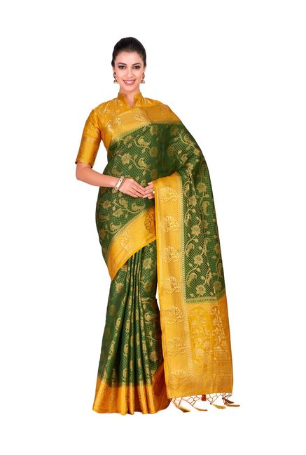 Mimosa Green Embellished Kanjivaram Saree With Blouse Price in India