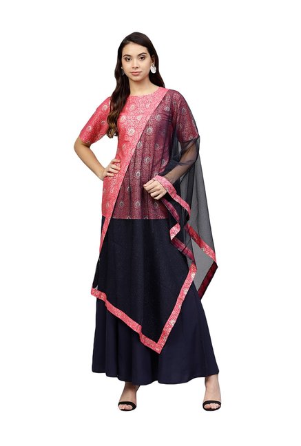 Ahalyaa Pink & Navy Printed Suit Set Price in India