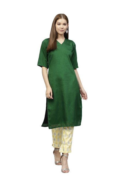 Ahalyaa Green & Cream V-Neck Suit Set Price in India