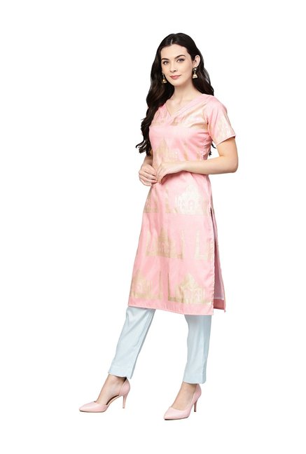 Ahalyaa Pink & White Printed Kurti Pant Set Price in India