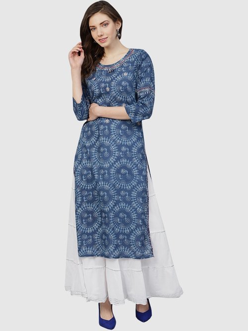 Ishin Blue & White Cotton Embroidered Kurti Skirt Set Price in India