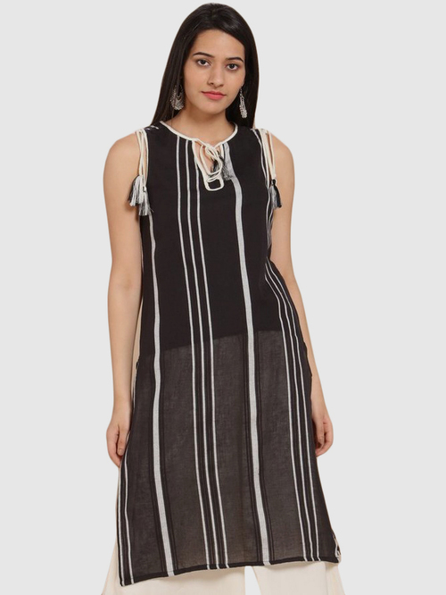 Imara Black Cotton Striped Straight Kurta Price in India