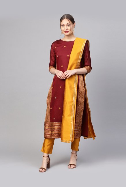 Jaipur Kurti Maroon & Mustard Cotton Printed Kurti Pant Set Price in India