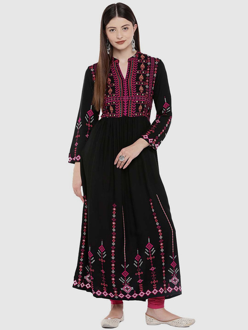 Ethnicity Black Embroidered A Line Kurta Price in India
