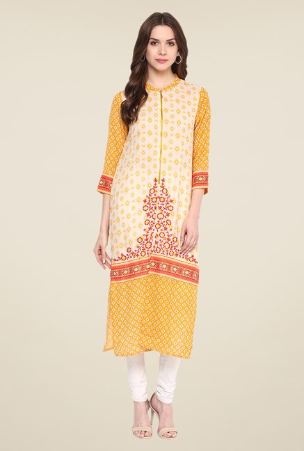 Fusion Beats Yellow Printed Kurta Price in India