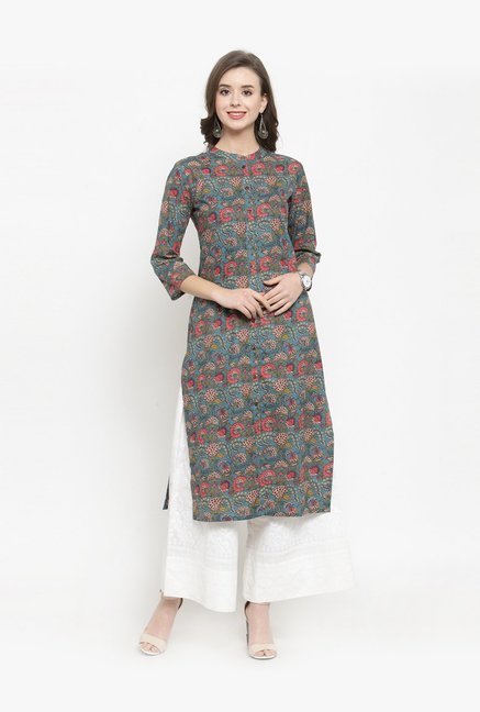 Varanga Teal Blue & White Floral Print Kurti Palazzo Set Price in India