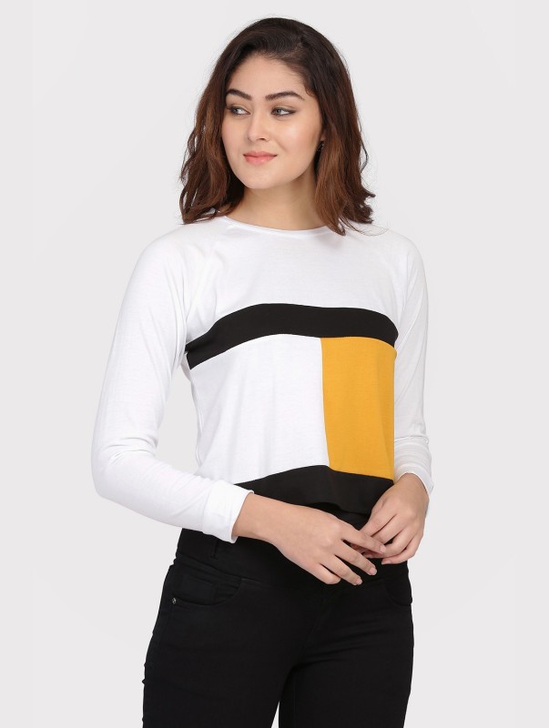 Casual Full Sleeve Color Block Women White Top Price in India