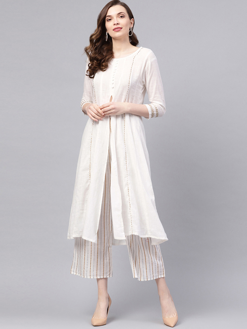 Ishin White Cotton Zari Work Kurta Palazzo Set Price in India