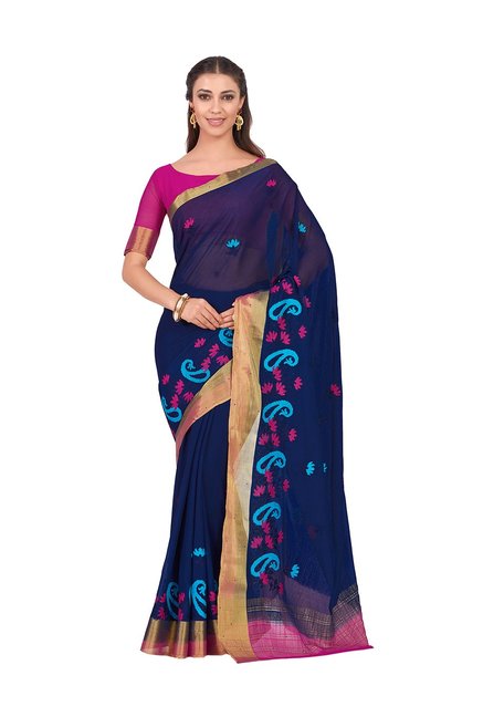 Mimosa Blue Embroidered Kanjivaram Saree With Blouse Price in India