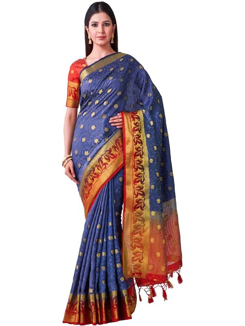 Mimosa Blue Woven Kanchipuram Saree With Blouse Price in India