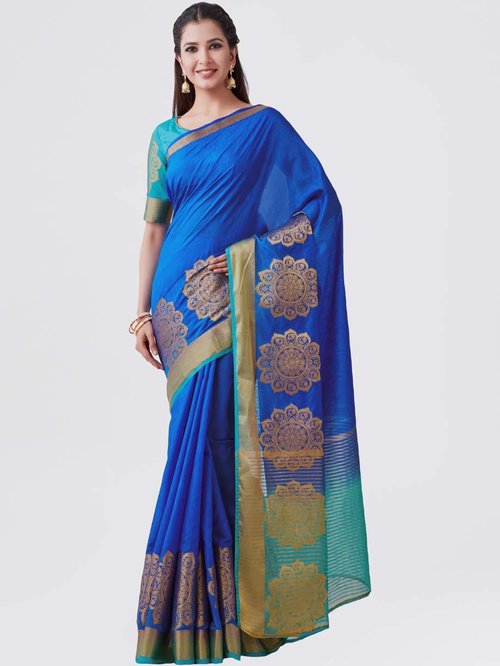 Mimosa Blue Linen Woven Kanchipuram Saree With Blouse Price in India