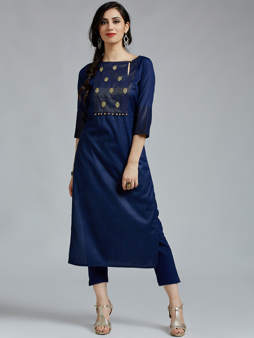 Jaipur Kurti Navy Embroidered Kurta Pant Set Price in India