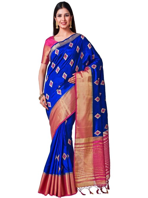 Mimosa Blue Woven Kanchipuram Saree With Blouse Price in India