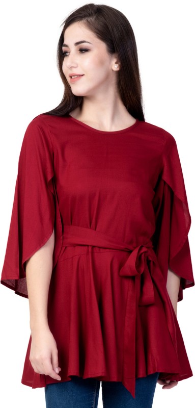 Casual Flared Sleeve Solid Women Maroon Top Price in India