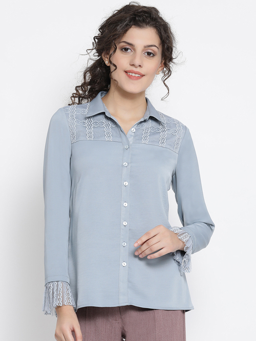 Office & You Blue Shirt With French Lace At Yoke & Sleeves Price in India