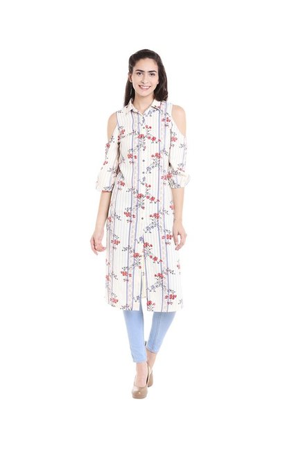 Fusion Beats Off White Printed Kurta Price in India