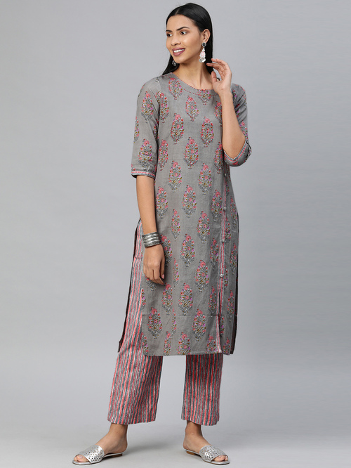 Divena Grey & Pink Printed Kurta Pant Set Price in India